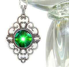 Diamond shaped lacy filligree necklace with green heart chakra twin flame art sealed under glass by Primal Painter
