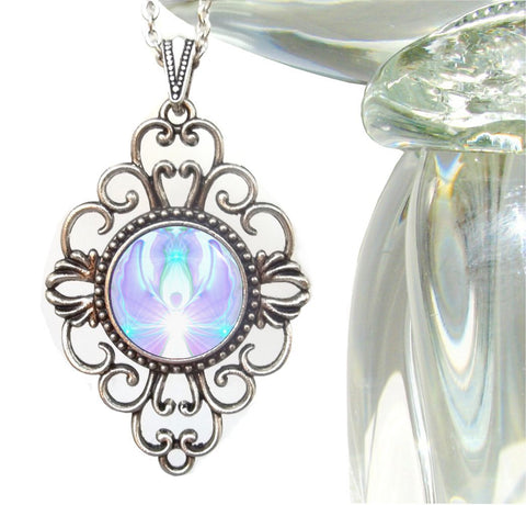 Diamond shaped lacy filligree necklace with white and violet crown chakra angel art sealed under glass