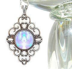 Diamond shaped lacy filligree necklace with white and violet crown chakra angel art sealed under glass by Primal Painter