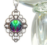 Psychedelic Art Necklace, Green and Purple Energy Jewelry, Abstract Artwork - "Spreading New Wings"