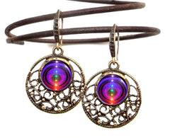 round lacy filligree earrings with seven chakra rainbow art print sealed under a glass dome by Primal Painter