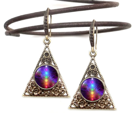 Chakra Art Rainbow Pyramid Earrings wearable art 