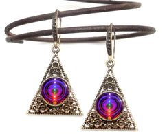 bronze triangle dangle earrings featuring seven chakra art print sealed under a glass dome by Primal Painter