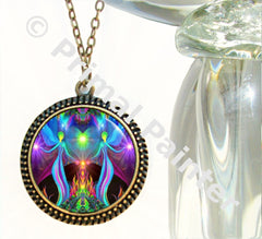 large bronze necklace featuring twin flame angel art print  by Primal Painter hand in hand with a green heart between them and sealed under a glass dome
