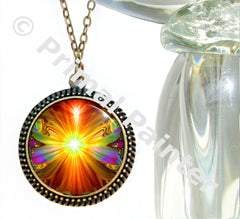 Orange and red abstract art necklace with art print under a glass dome by Primal Painter