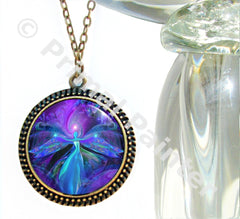 Large round necklace with purple angel art sealed under a glass dome by Primal Painter
