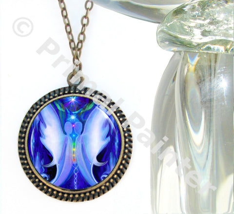 large bronze necklace featuring a twin flames angel art print in blue and white with the chakras aligned in a row between them and sealed under glass