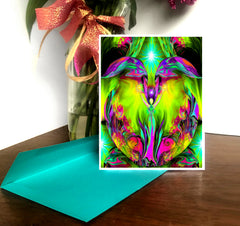 A colorful art greeting card with psychedelic effect featuring an abstract design, placed on a desk with a decorative ribbon and a green notecard behind it. Art by Primal Painter
