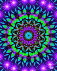 A sacred geometry mandala art print featuring a central point with a purple circle, surrounded by a green and blue spiral pattern. Art by Primal Painter