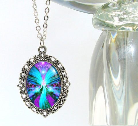 Victorian silver necklace with blue angel artwork by Primal Painter called "The Lightworker"