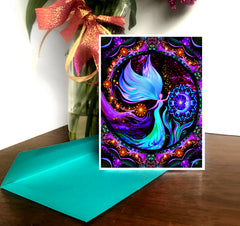 blue angel art greeting card with spiraling magic and a moon in a mandala by Primal Painter