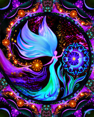Blue and purple angel art inside a spiraling sparkly orb of manifestation with celestial themes called Magical Realm  by Primal Painter