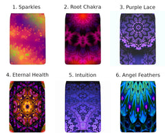 A collection of six interchangeable snap-on art flaps for messenger bags, showcasing various colorful and patterned designs. Art by Primal Painter