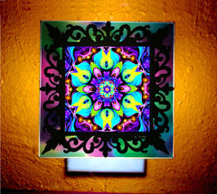 blue, yellow, green and pink flowering lotus mandala art, 3d nightlight by Primal Painter