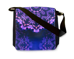 Purple lace abstract blue and purple artwork printed on a messenger bag with a black strap by Primal Painter