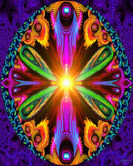 Psychedelic rainbow fractals swirl inside an oval with a blazing yellow center against a deep purple background, vibrant and electric. Art by Primal Painter