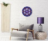 Round Wood Wall Clock, Purple Blue and White Flower Mandala Art, Unique Home Decor - "Flowering Lotus"