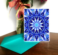 Blue and white mandala art greeting card with a blue envelope by Primal Painter