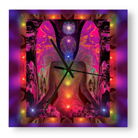 Chakra Art Wood Wall Clock, Square Functional Colorful Decor, Reiki Angel Art  - "Balance Within Chaos"