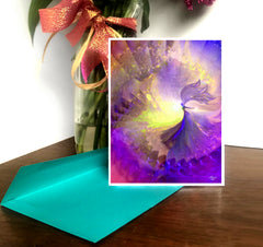 A greeting card with a vibrant, spiral-shaped design featuring pastel colors and a central, matte-finished angel image. The card is blank on the inside and has the Primal Painter logo and the title 'The Clearing' on the back.