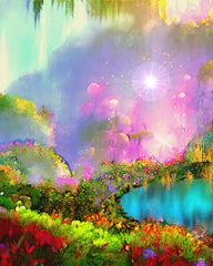 A vibrant, abstract, multicolored landscape art print featuring a magical dreamscape with a central pool of water, surrounded by lush greenery and psychedelic floral patterns. Art by Primal Painter