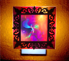 very brightly colored pink, red and orange rainbow angel nightlight with victorian black frame by Primal Painter