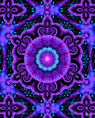 Deep purple and blue mandala has six segments,with blues woven through the composition. Sacred Geometry Art by Primal Painter