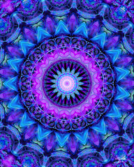 A circular blue and purple mandala art print with multiple sections and a central point, representing sacred geometry. Art by Primal Painter