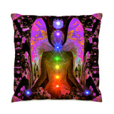 Chakra Angel Throw Pillow, Uplifting Home Decor, Rainbow Reiki Artwork - "Balance Within Chaos"