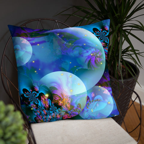 square throw pillow featuring abstract blue and purple artwork entitled "Spirit Orbs" by Primal Painter of overlapping orbs