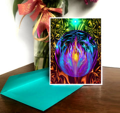 psychedelic artwork featuring fairies and the violet flame by Primal Painter and presented as a greeting card