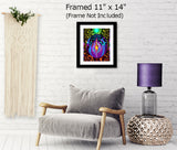 Original digital art of a sphere encircling the violet flame and surrounded by fairies with an intricate rainbow colored pattern in the background. Reiki-inspired art for energy workers and spiritual seekers displayed in a frame above a chair