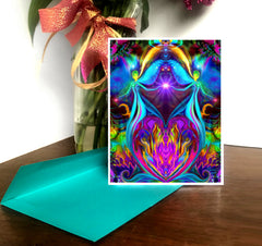 Greeting card featuring twin flame angels joined hands over a violet flame heart by Primal Painter