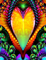 psychedelic rainbow heart surrounded by fractals with a yellow angel inside the heart. Art by Primal Painter