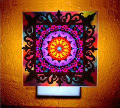 purple, fuchsia and orange mandala art as a 3d nightlight with black victorian cutout frame by Primal Painter