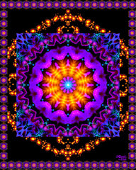 This deep red-violet and purple mandala radiates outward from a blazing orange center, framed by a decorative border. Art by Primal Painter