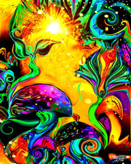 A colorful art print featuring abstract fairy and mushroom shapes in vibrant colors on a black background, with a focus on positive energy and symbolism. Art by Primal Painter